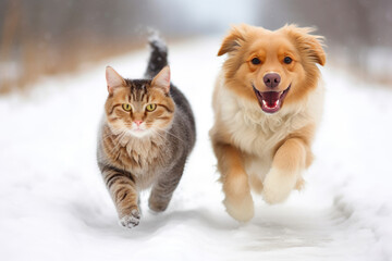 Joyful Cat and Dog Frolicking in Winter Wonderland