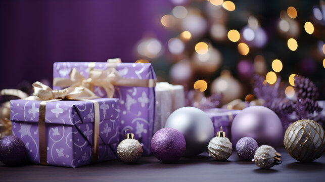 Merry Christmas ornaments. Purple and Silver Christmas balls and lights Christmas tree and Beautiful Christmas gift boxes on the floor in the room. with bokeh lights and stars. Generative AI