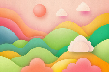 Background of paper cut and craft design of clouds and rainbow, retro style background.