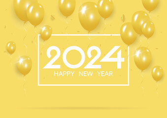 Happy new year 2024 with creative yellow balloon concept on pastel yellow background for copy space. minimal concept. Vector Illustration