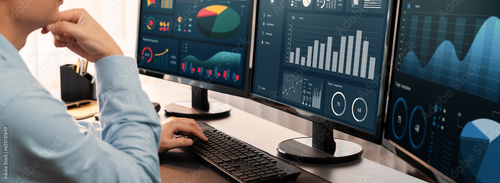 Poster analyst working on data analysis or bi dashboard on computer monitor. businessman analyzing financia