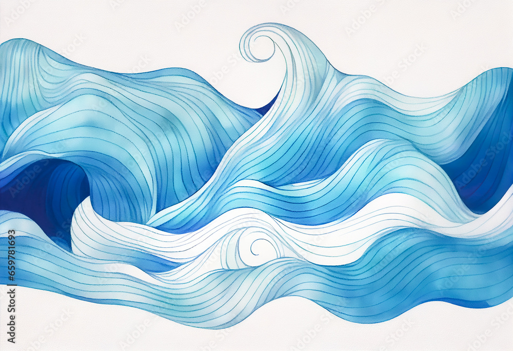 Wall mural abstract ocean water waves watercolor pencil art background, wavy texture for copy space. blue, teal