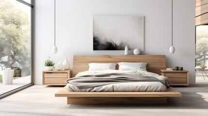 Scandinavian style interior design of modern bedroom. Wood bed with white bedding and bedside cabinets. Generative AI