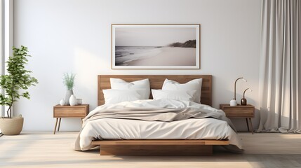 Fototapeta na wymiar Scandinavian style interior design of modern bedroom. Wood bed with white bedding and bedside cabinets. Generative AI
