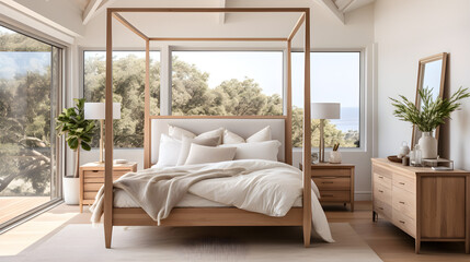 Scandinavian style interior design of modern bedroom. Wood bed with white bedding and bedside cabinets. Generative AI