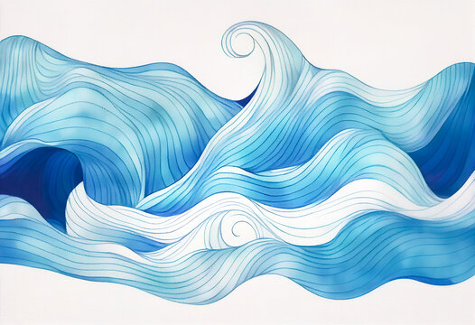 Abstract ocean water waves watercolor pencil art background, wavy texture for copy space. Blue, teal white isolated illustration of sea or ocean wave. Web mobile banner flowing motion element backdrop