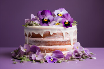 Obraz na płótnie Canvas beautiful naked cake decorated with edible pansies on a pastel purple background for birthday or wedding