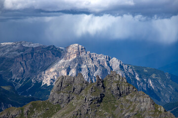 Panoramic view from the top of the Marmolada Glacier in summer mist, Dolomites,  South Tyrol, Italy.