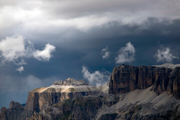 The view Sella Group from Serauta in the Dolomites, Italy.