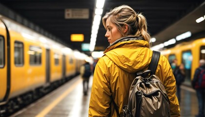 Travel and lifestyle concept, woman in yellow coat  standing on  train station, background, banner with copy space text 