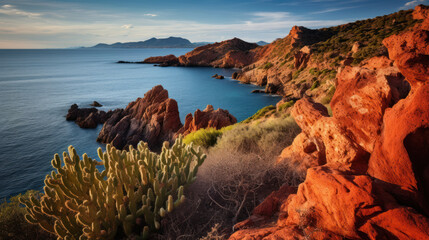 vue aérienne de la côte d'Azur, massif de l’Estérel typique avec ses roches escarpées en ocres rouge, cactus au premier plan - obrazy, fototapety, plakaty