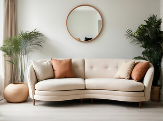 Curved sofa , Scandinavian home interior design of modern living room.