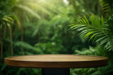 Gordijnen wooden empty table top wooden counter podium in outdoor tropical garden forest blurred green plant background with space.organic product present natural placement pedestal  © Ainur