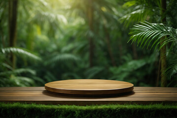 wooden empty table top wooden counter podium in outdoor tropical garden forest blurred green plant background with space.organic product present natural placement pedestal
