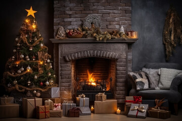 Background for New Year's greetings or Christmas. Fireplace and tree decorated with gifts, present boxes, candles.