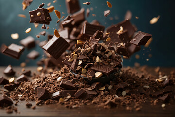 Flying pieces of crushed chocolate pieces, delicious fresh dark brown chocolate fragments.
