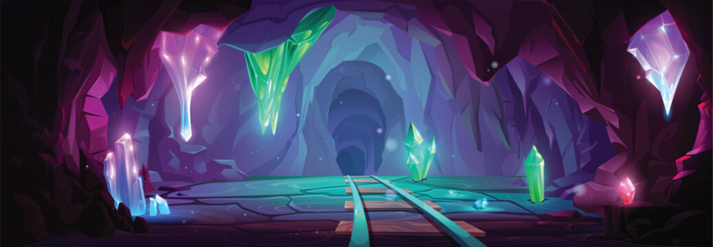 Mine cave with crystal cartoon game background. Underground tunnel entrance inside mountain coal shaft with railway illustration. Fantasy and mysterious dark corridor scene with stalagmite glow