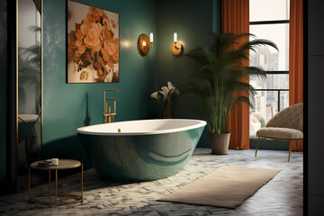 a bathroom with a large tub and large tiled bathroom walls