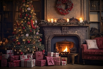 Background for New Year's greetings or Christmas. Fireplace and tree decorated with gifts, present boxes, candles.