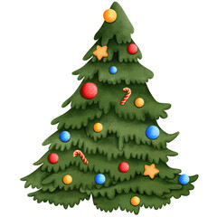 Watercolor christmas tree with christmas lights and ornaments clipart.Watercolor christmas tree illustration.