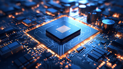 Fototapeta na wymiar a blue chip is shown on an electronic circuit