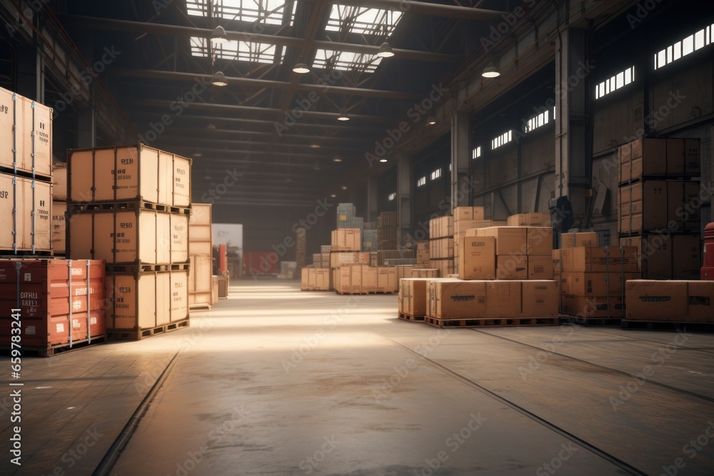 Poster a large warehouse filled with numerous boxes. this versatile image can be used to represent storage,