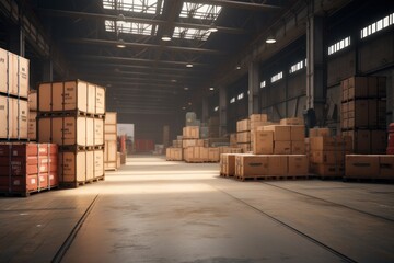 A large warehouse filled with numerous boxes. This versatile image can be used to represent storage, logistics, shipping, inventory, or a variety of other business-related concepts