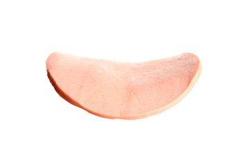 Slice of tasty boiled sausage on white background