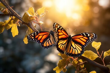A picture of a couple of butterflies sitting on top of a tree branch. Perfect for nature enthusiasts or those looking to add a touch of beauty to their designs - Powered by Adobe