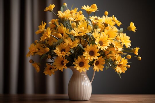 A vase filled with yellow flowers sitting on a table. Suitable for home decor or floral arrangements
