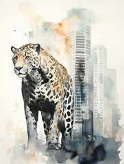 A Minimal Watercolor of a Jaguar on the Street of a Large Modern City