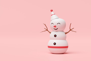 3d snowman with funnel hat isolated on pink background. merry Christmas and festive New Year, 3d render illustration