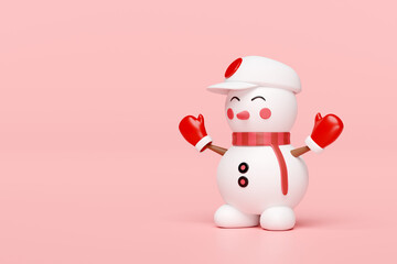 3d snowman with hat, warm mittens, scarf isolated on pink background. merry Christmas and festive New Year, 3d render illustration