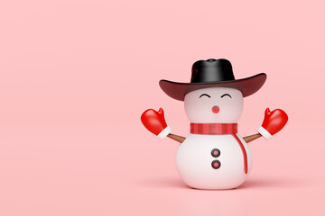 3d snowman with cowboy hat, warm mittens, scarf isolated on pink background. merry Christmas and festive New Year, 3d render illustration