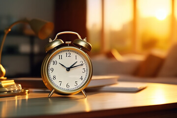 Naklejka premium A classic alarm clock sits on top of a sturdy wooden table. This versatile image can be used to depict time management, morning routines, or the concept of being on time