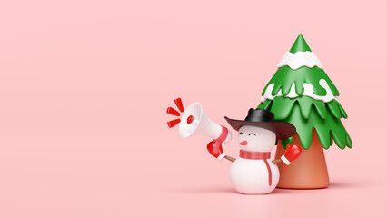 3d snowman holds megaphone with cowboy hat, warm mittens, scarf, christmas tree isolated on pink background. online shopping sale, merry christmas and festive New Year, 3d render illustration