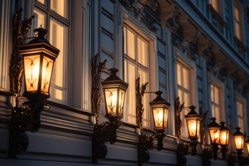 A straight line of light fixtures adorning the exterior of a building. This image can be used to...