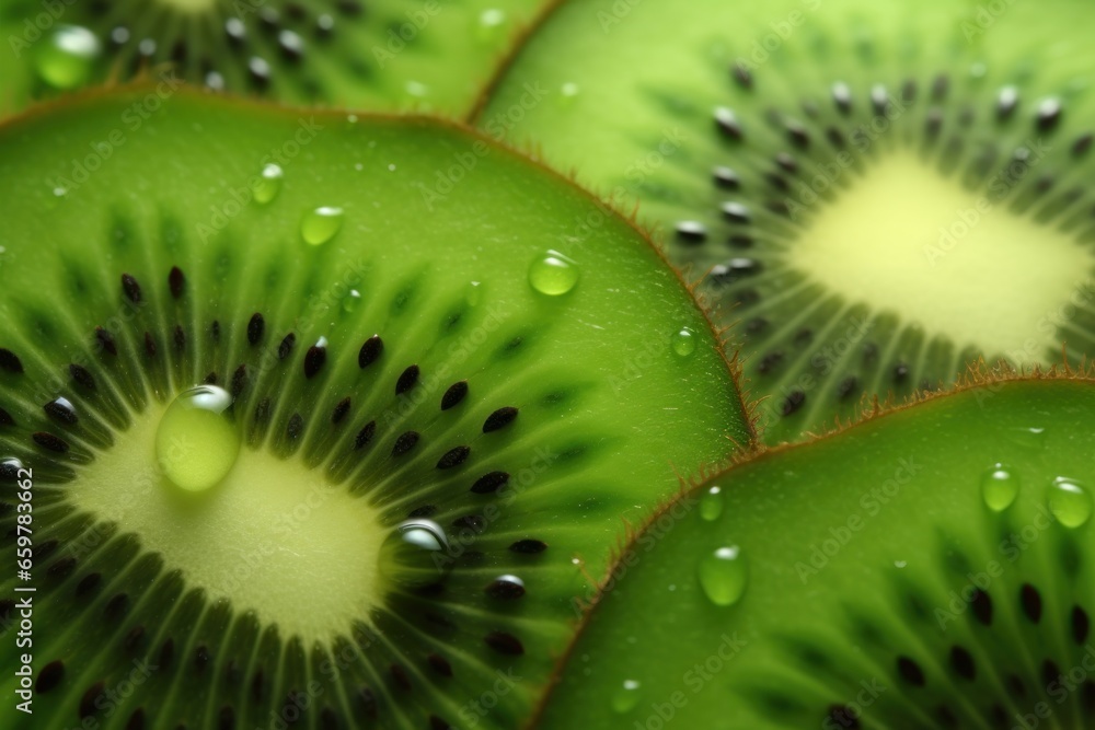 Poster a close-up view of a bunch of kiwi slices. this vibrant and refreshing image is perfect for food blo
