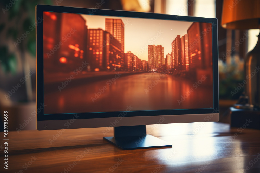 Poster a computer monitor placed on a wooden desk. this image can be used to depict a work or study environ