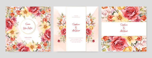 Pink yellow and red rose set of wedding invitation template with shapes and flower floral border