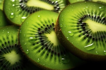 A close-up view of a kiwi fruit sliced in half. 