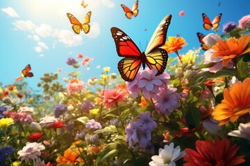 Fototapeta na wymiar A beautiful field of colorful flowers with graceful butterflies flying around. Perfect for adding a touch of nature and serenity to any project