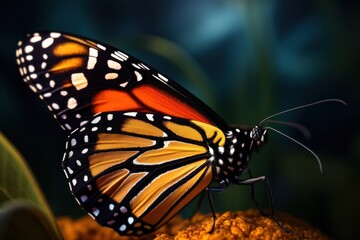 A close-up photograph of a butterfly perched on a vibrant flower.  - obrazy, fototapety, plakaty
