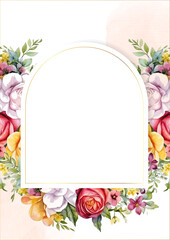 Pink yellow and red vector frame with foliage pattern background with flora and flower