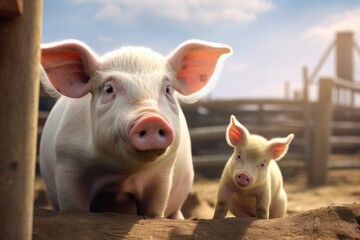 A picture of a couple of pigs standing next to each other. This image can be used to represent farm animals or as a metaphor for companionship and teamwork - obrazy, fototapety, plakaty