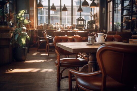 A simple and elegant wooden table with chairs in a cozy restaurant. Perfect for showcasing a warm and inviting dining atmosphere. Ideal for restaurant websites, food blogs, or interior design concepts