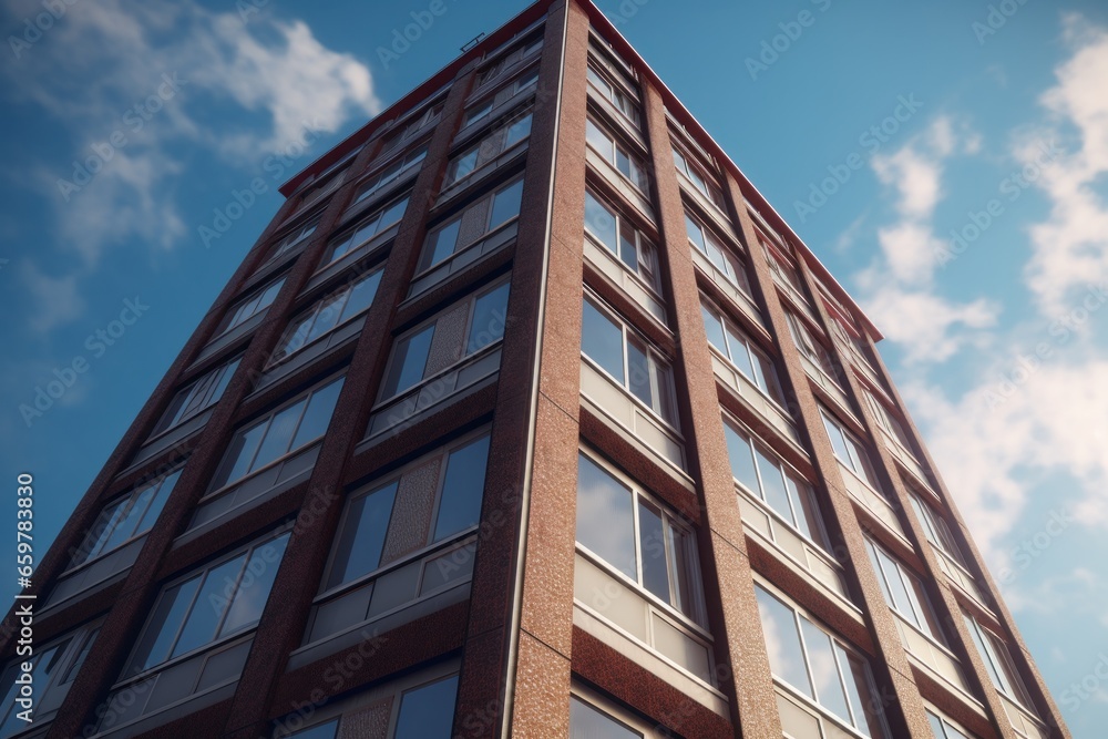 Poster a photograph of a tall brick building with numerous windows. this image can be used to depict urban 
