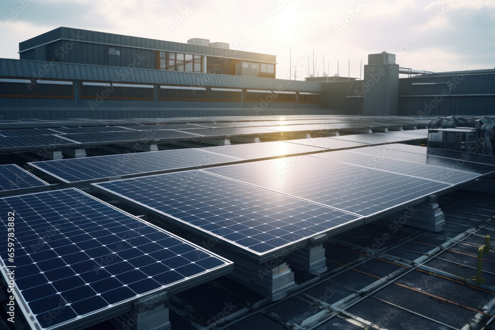 Poster a picture of solar panels installed on the roof of a building. this image can be used to showcase th