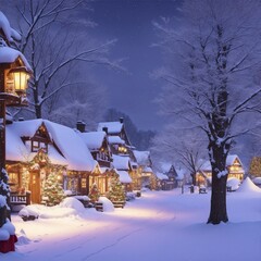 winter Snowing village Christmas decorations Night time , snow , light bulbs , roof , houses blue sky wallpaper image december calendar season ice santa church frost xmas home family sparkling 