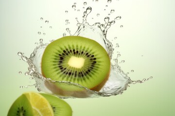 A captivating image capturing the moment a slice of kiwi fruit falls gracefully into a pool of water. Perfect for refreshing and vibrant concepts.